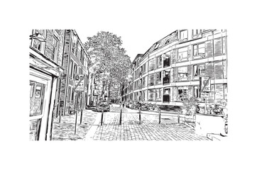 Building view with landmark of Nijmegen is the 
municipality in Netherlands. Hand drawn sketch illustration in vector.