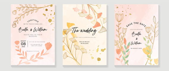Obraz na płótnie Canvas Luxury fall wedding invitation card template. Watercolor card with gold line art, leaves branches, foliage. Elegant autumn botanical vector design suitable for banner, cover, invitation.