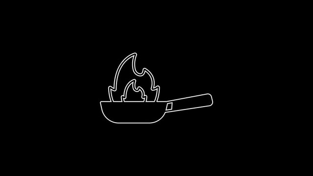 White line Pan with fire icon isolated on black background. 4K Video motion graphic animation