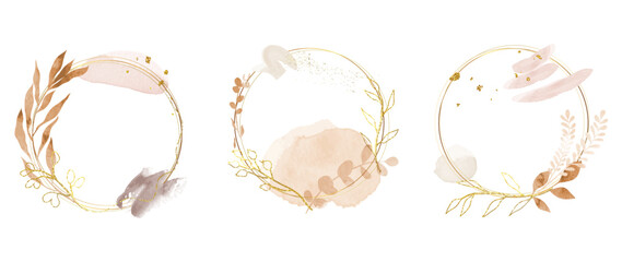 Luxury botanical gold wedding frame elements on white background. Set of circle shapes, glitters, eucalyptus, leaf branches. Elegant foliage design for wedding, card, invitation, greeting.