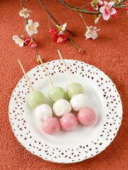 Sanshoku Dango, Japanese Three Colored Mochi Dumplings Skewer.