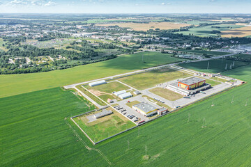modern logistic zone with industrial warehouses. panoramic aerial view.