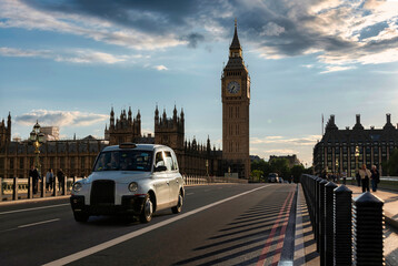 British Taxi running on Westminster Bridge at London on Ma7 27, 2022.