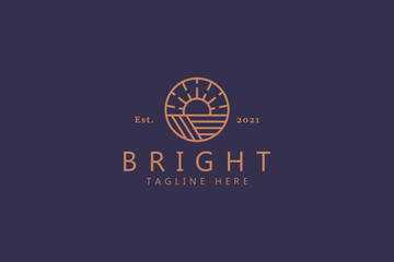 Premium Vector Bright Sunrise Logo. Elegant Gold Color Symbol. Best Trending Brand Identity. Farm, Fashion, Hipster, Adventure, Nature Badge.