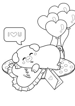 Cute Pig In Love Theme Coloring Pages A4 for Kids and Adult