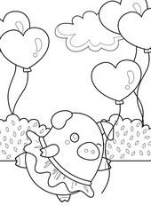 Cute Pig In Love Theme Coloring Pages A4 for Kids and Adult