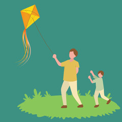 Simple Vector illustration background about young father and his son playing to fly kite up into the sky at outdoor field vector illustration. Happy family bonding concept. Modern design vector