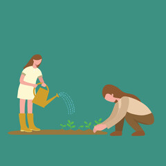 Simple Vector illustration background about young happy daughter help her mom watering the planted plant on ground vector illustration. Happy family parenting concept.Modern design vector illustration © ruwaiscreative