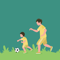Simple Vector illustration background about young dad running and playing football soccer with his son in public field park vector graphic illustration. Happy family parenting concept. Modern design
