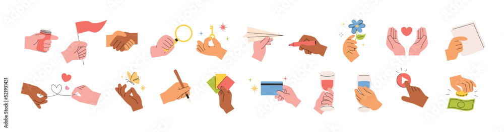 Poster hands holding various objects, hands expressing something. flat design style vector illustration.
