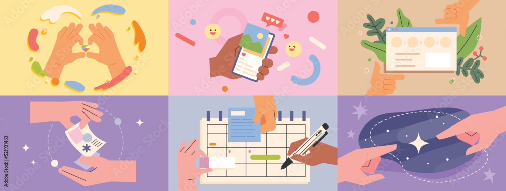 Poster hands creating different situations. flat design style vector illustration.