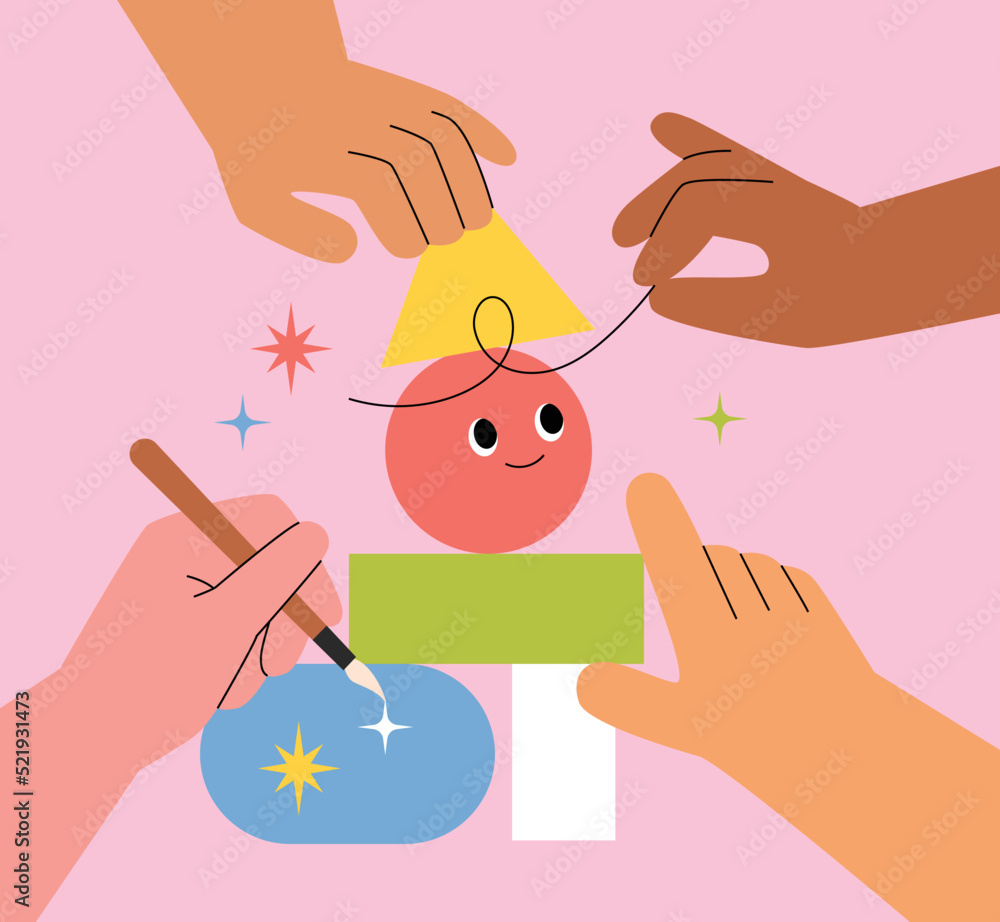 Poster hands creating cute characters by stacking shape blocks. flat design style vector illustration.