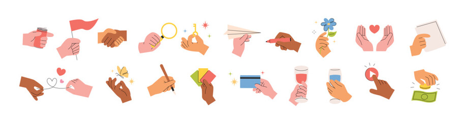 Hands holding various objects, hands expressing something. flat design style vector illustration. - 521931431