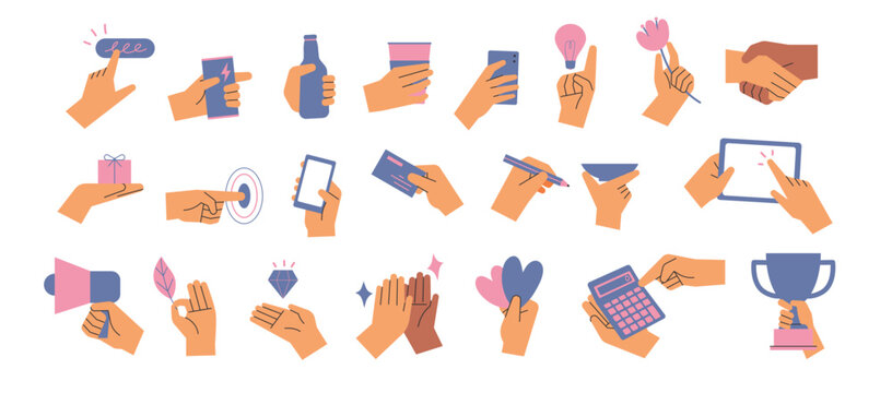 A collection of hands holding something or conveying information. flat design style vector illustration.