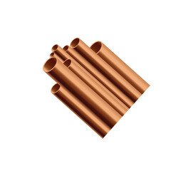 Copper cropped pipes of various diameters, 3D vector illustration isolated.