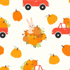 Autumn seamless pattern with rabbit. Cute bunny with big pumpkin harvest and pumpkin retro truck on white background with vegetables. Vector illustration for design, decor, packaging and wallpaper.
