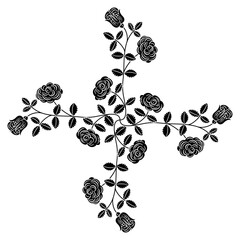 Rectangular floral cross design with blooming rosebud branches. Square bouquet of roses and leaves. Geometrical flower mandala. Black and white negative silhouette. - obrazy, fototapety, plakaty