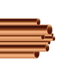 Copper pipes or cylinder tubes pile, realistic vector illustration isolated.