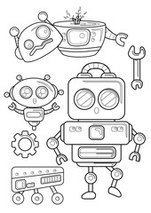 Repairing Robot and Kids Theme Coloring Pages A4 for Kids and Adult 