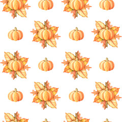 Pumpkin and autumn leaves seamless pattern. Watercolor illustration. Isolated on a white background