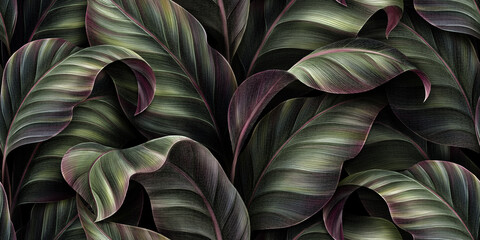 Luxury texture, premium wallpaper, mural. Seamless pattern, green tropical leaves. Dark background, 3d illustration, watercolor technique. Digital wall art, paper, cloth, fabric printing, interiors - 521932867