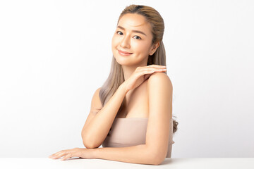 Happy beautiful young asian woman clean fresh bare skin concept. Asian girl beauty face skincare and health wellness, Facial treatment, Perfect skin, Natural make up. Isolated on white background.