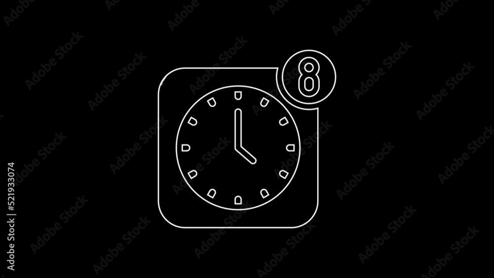 Poster white line alarm clock app smartphone interface icon isolated on black background. 4k video motion g