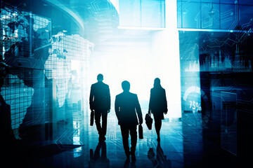 Three business people walking toward cyberspace