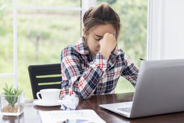  Stressed and depressed  woman  of working  under pressure and hopefulness, Sad expression, sad emotion, despair, sadness. Domestic violence, sexual harassment and rape.