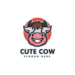 Vector Logo Illustration Cute Cow Mascot Cartoon Style.