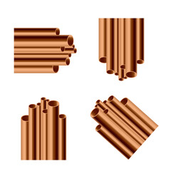 Cooper pipes set laying in pile, realistic mockup vector illustration isolated.