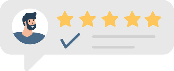 Man satisfied customer give rating 5 stars. People feedback vector illustration by giving 5 star rating. Flat online shopping with give 5 rating and review