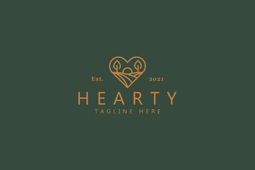 Sunrise Illustration Logo Badge On The Heart Shape. Nature, Farm and Health Concept Branding Logo.