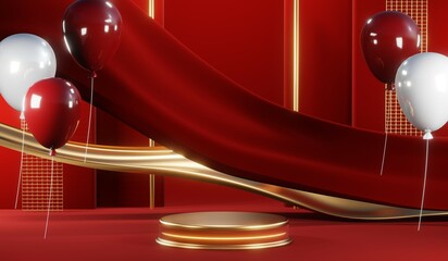 3D rendering of blank product background for cream cosmetics Modern red podium background