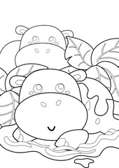 Hippo Animal Theme Coloring Pages A4 for Kids and Adult