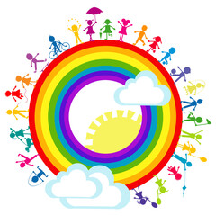 Background with hand drawn colored stylized kids around rainbow - 521936038