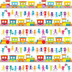 Background for kids with cartoon stylized hand drawn colored children and trains - 521936039