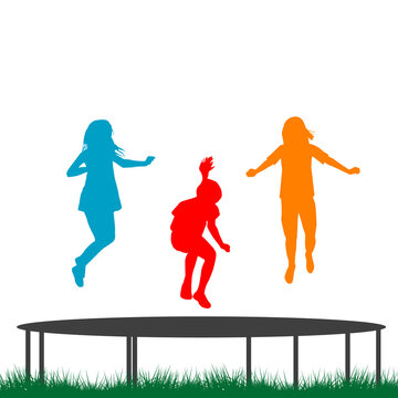 Children Silhouettes Jumping On Garden Trampoline  Isolated On White