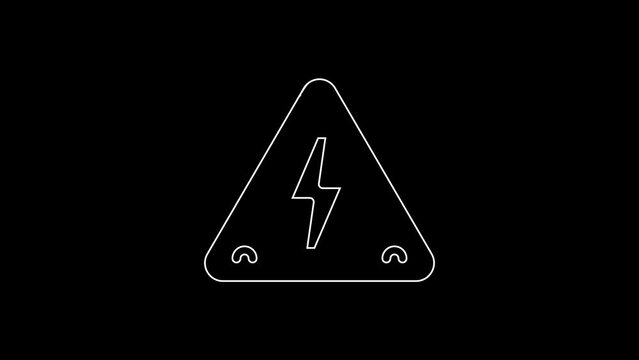 White line High voltage sign icon isolated on black background. Danger symbol. Arrow in triangle. Warning icon. 4K Video motion graphic animation