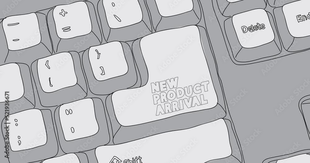 Poster computer keyboard with new product arrival text. close-up of an electronic computer device part, key