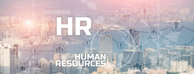 HR - Human resources management and recruitment concept on modern city. Double exposure people network structure