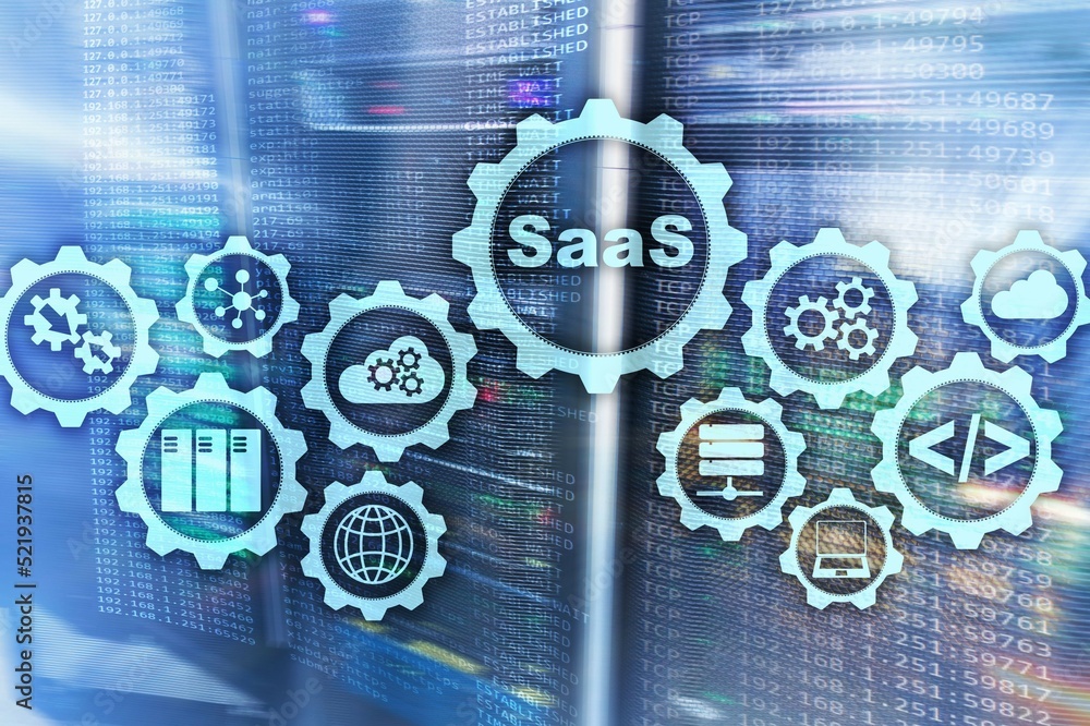 Poster software as a service saas. software concept. modern technology model on a virtual screen server roo