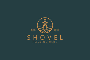 Shovel Natural Leaf Logo. Premium Badge Brand Identity Design Template.