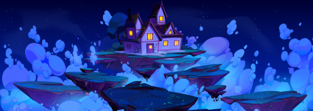 Fantasy game background with magic floating islands and house at night. Vector cartoon illustration with flying ground pieces of summer landscape with green grass, cottage and clouds in sky