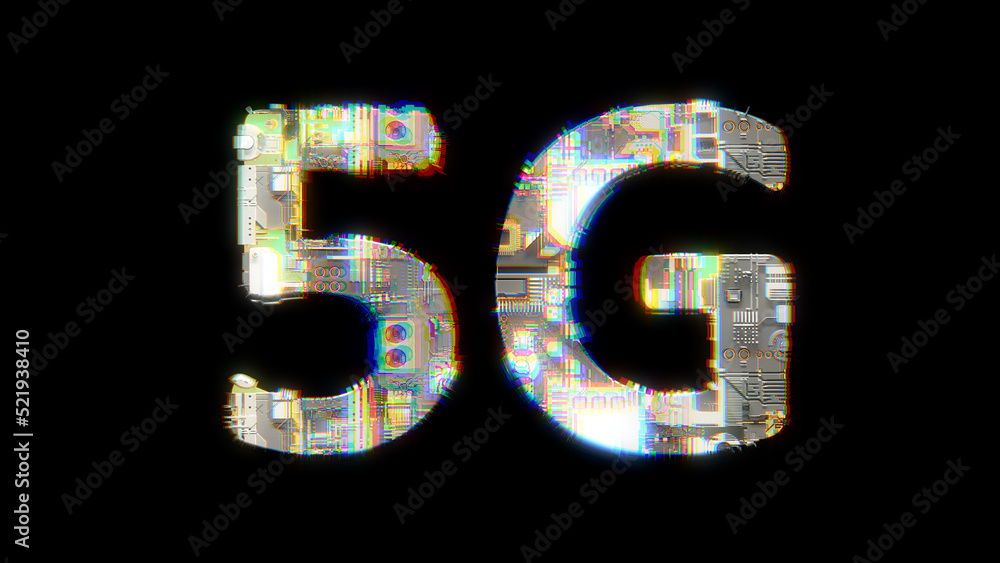 Poster glitch and chromatic aberrance cybernetic text 5g on black, isolated - object 3d rendering