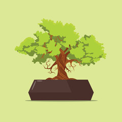 Vector illustration of bonsai tree with a brown pot isolated on a green background