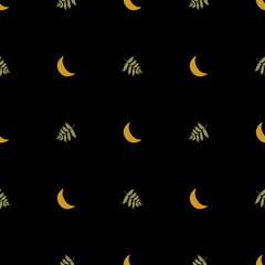 Dark moon pattern. Cute crescent and green leaves black seamless background. Halloween print. night garden vector illustration. Celestial floral pattern. Repeated fabric, textile, wallpaper, wrap.