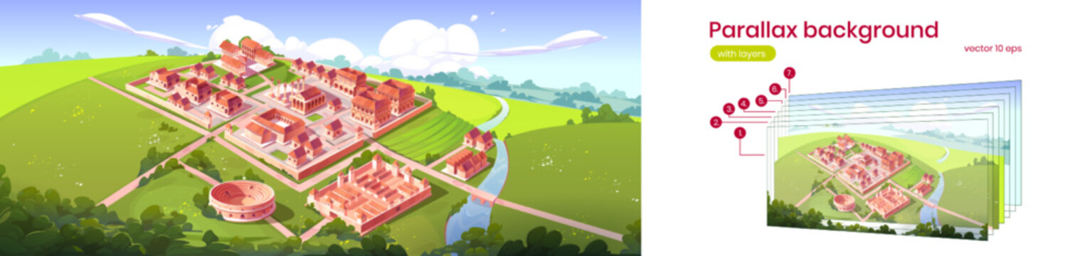 Parallax background Ancient Rome city isometric cartoon cityscape. Separated vector layers of Capitol, basilica, Castrum, Medicorum, Harbor, Roman Amphitheater, forum, taberna and insula buildings