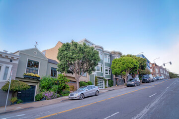 Sloped neighborhood with middle class homes in San Francisco, California