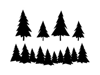 Set Larch or spruce silhouette, evergreen tree, black silhouette isolated on white background. Simple vector, flat cartoon design. Christmas clip-art.